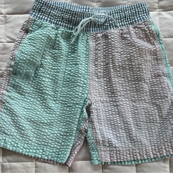 J.Crew Crewcuts Boys’ Seersucker Pink Blue Turquoise Stripes Swim Trunks Size 10 - Picture 7 of 13